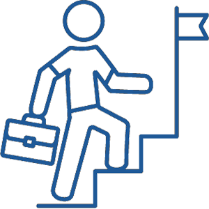 Illustration of a stick figure with a briefcase climbing stairs towards a flag, symbolizing progress and achievement.